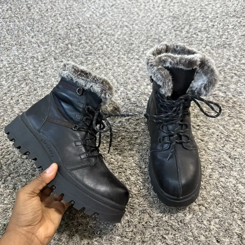 VTG 90s Skechers Jammers Black Leather Platform Boots Fur Lined 9 Goth Punk Y2K - Picture 10 of 10
